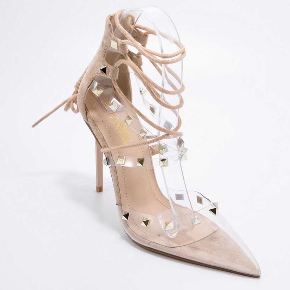 CiCi Gold Studded Nude Ankle Strappy Lace Up Wrap Pump - Picture 2 of 2